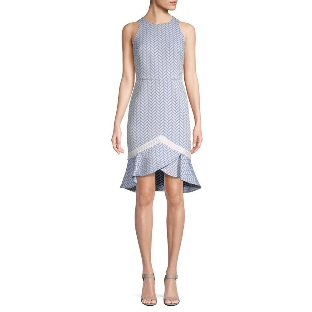 Shoshanna Webster Herringbone Sheath Dress In Blue Multi Mermaid Hem Size 4 $418
